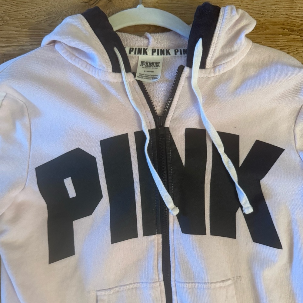 Victoria Secret Pink zip up hoody (Medium) Colors are light pink/white/black